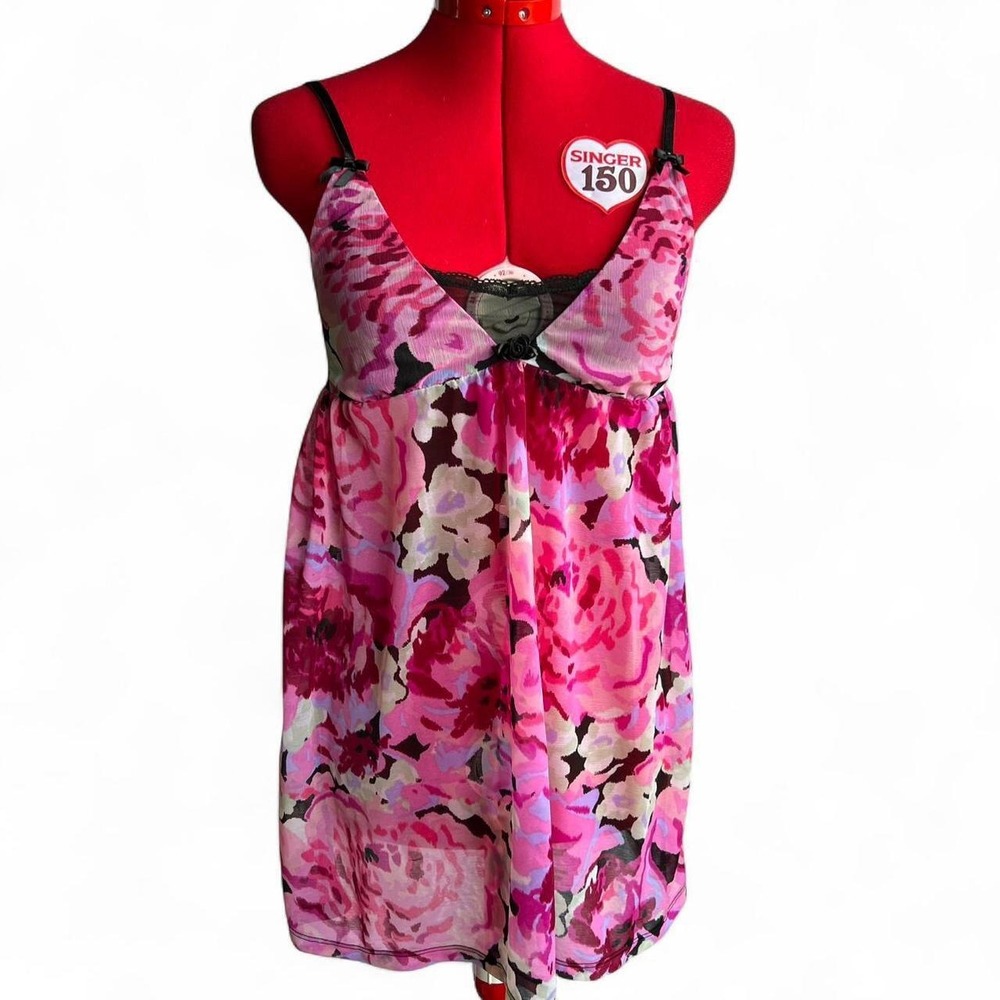 Betsey Johnson Pink Floral Babydoll Slip Dress Lingerie Nightgown size small